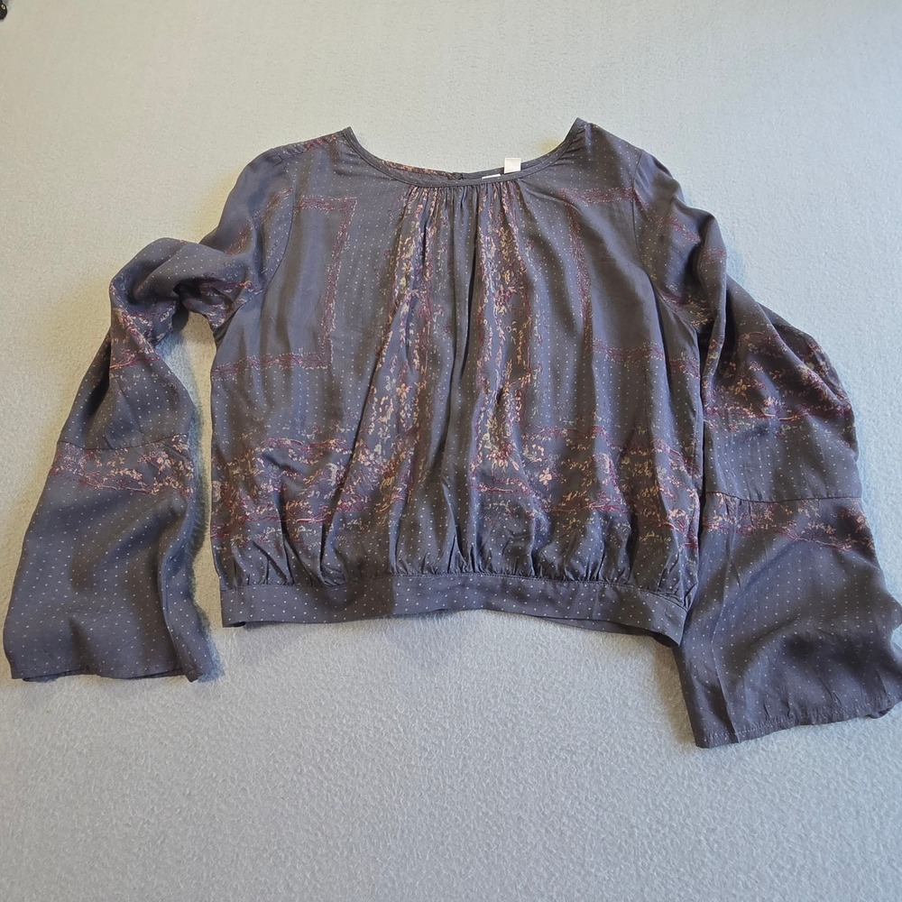 Melrose and Market Blouse Womens S Grey Pink Floral Bell Sleeve Tie Back Modal - Picture 2 of 7